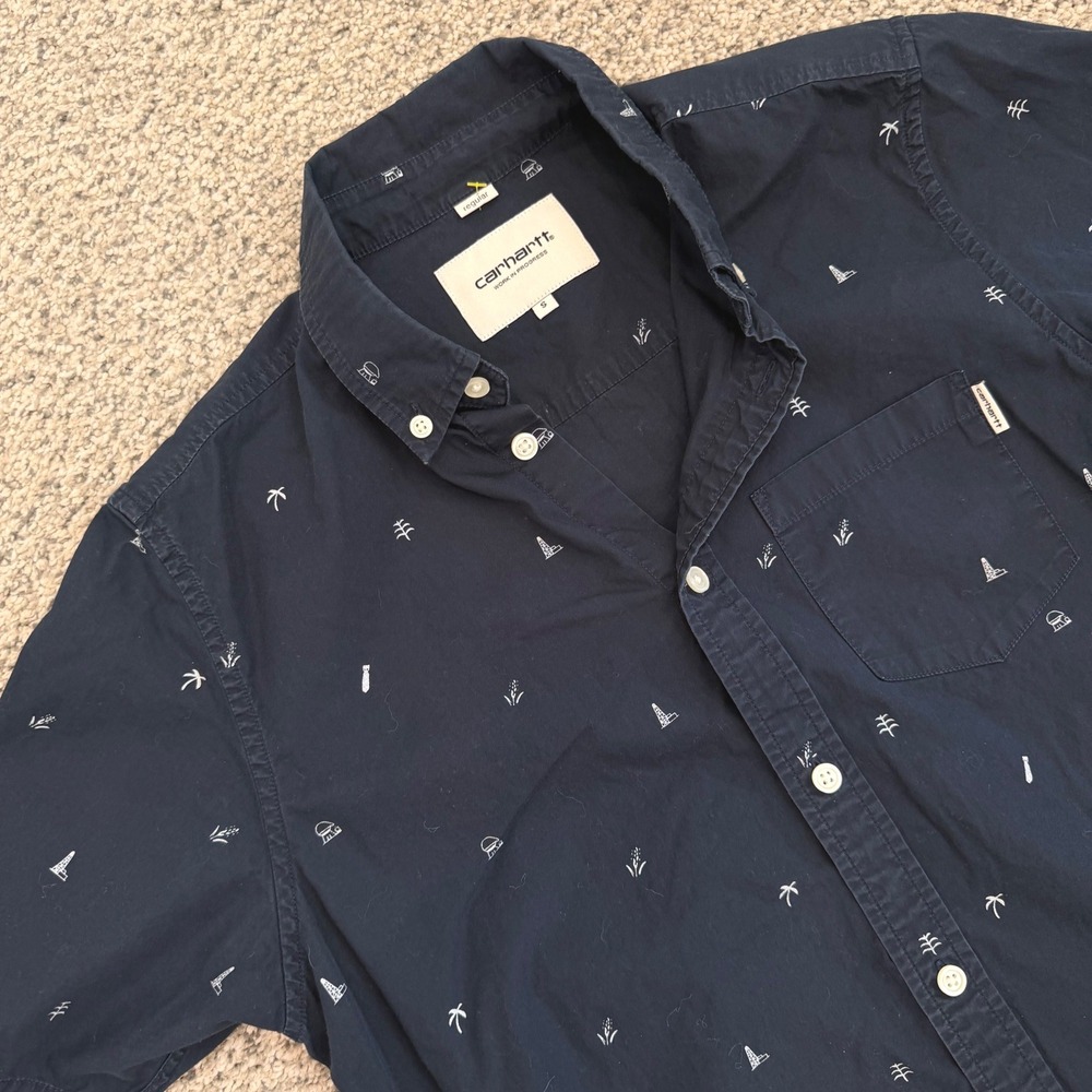 Carhartt WIP Mens Navy Blue Graphic Print S/S Economy Shirt Small Regular Fit